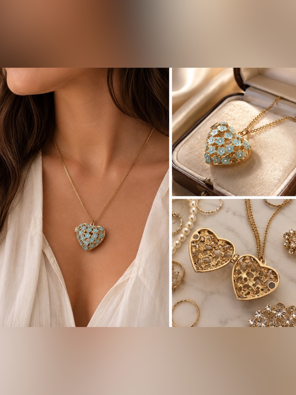 Floral Heart Locket Necklace Gold Tone Teal Enamel Rhinestone Pendant